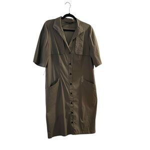 Lafayette 148 Olive Green Stretch Cotton Button Down Midi Military Trench Dress